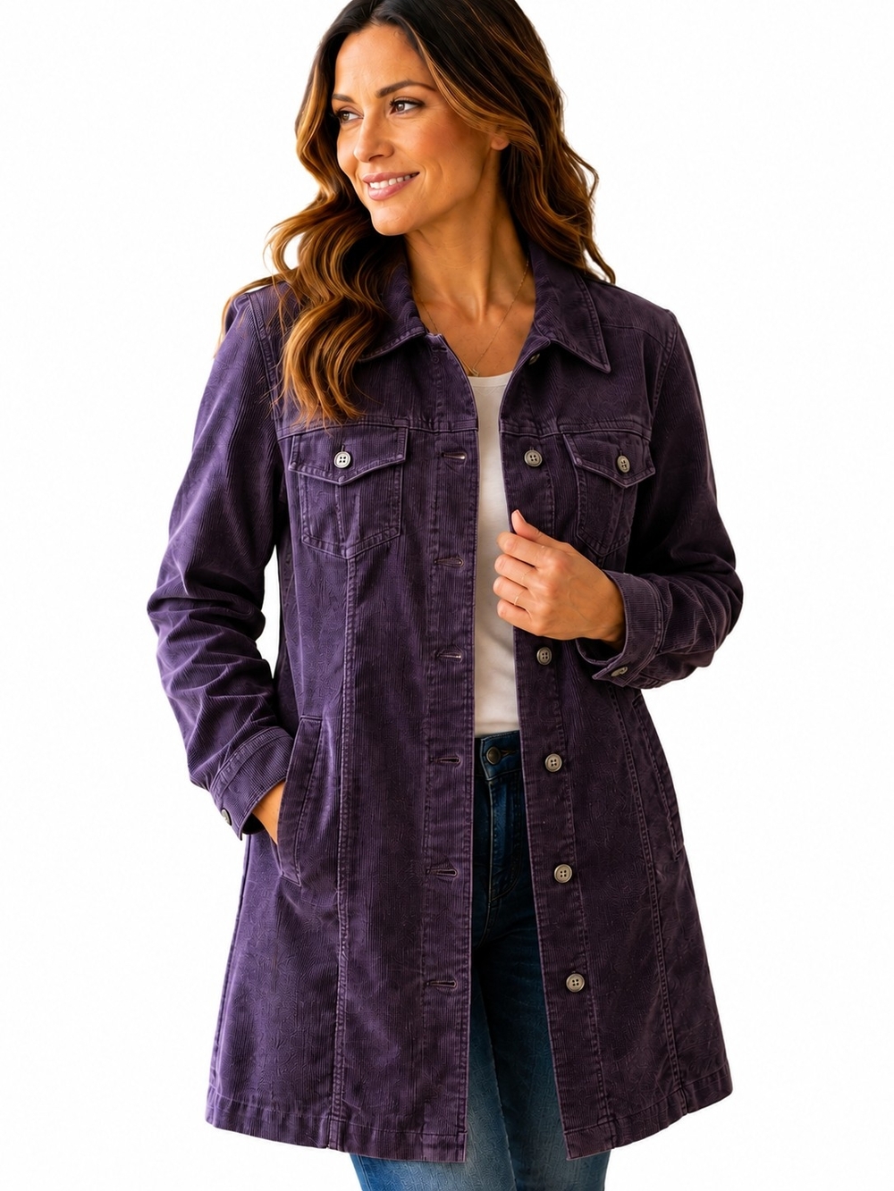 SO Blue Sigrid Olsen Purple Corduroy Longline Trucker Jacket Y2K Utility M